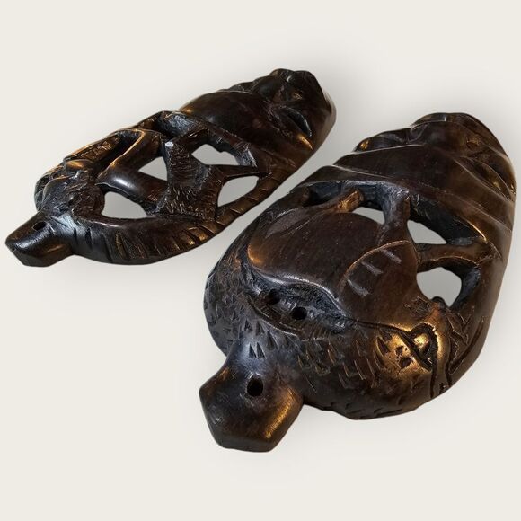 Set of 2 Dark Brown Carved Wood African Tribal Masks Elephant Working Man - Picture 7 of 7